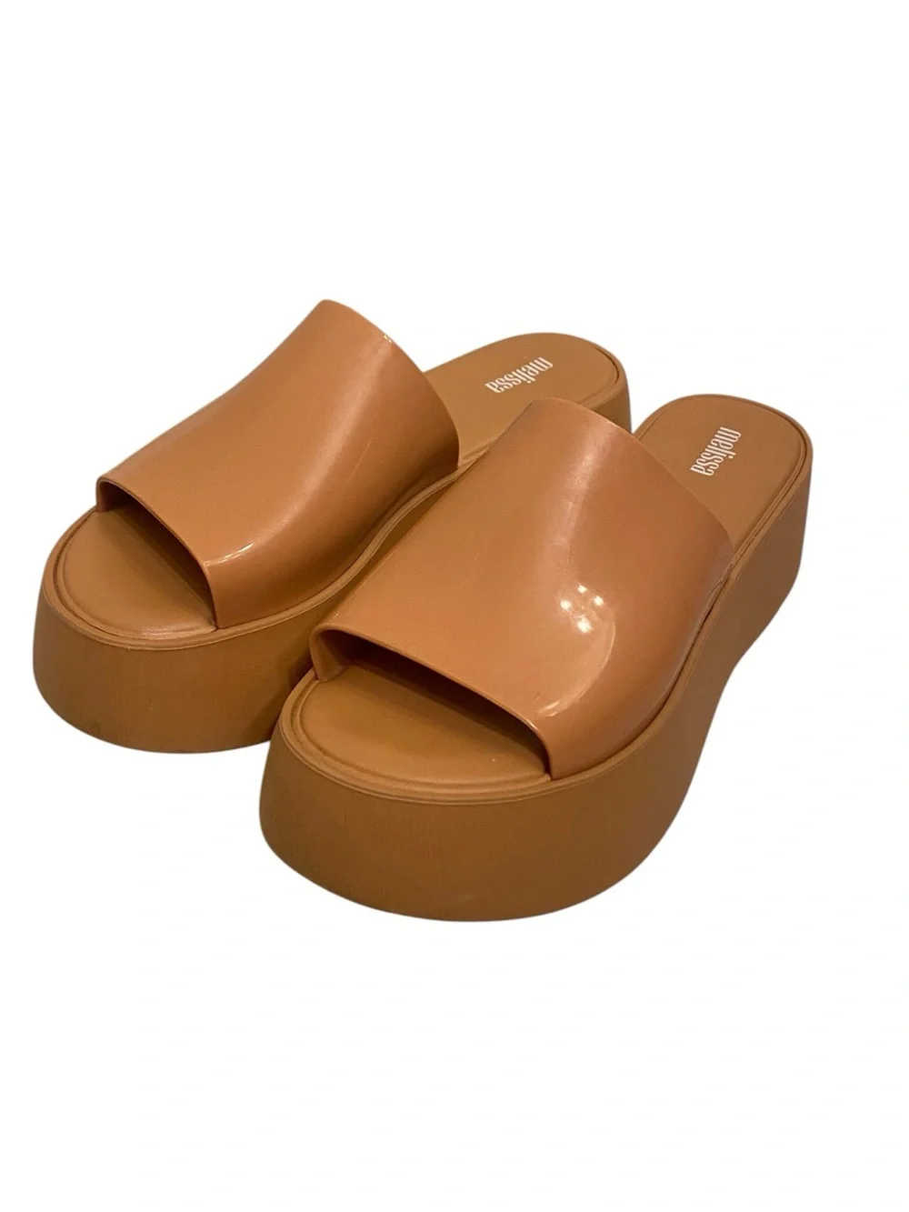 MELISSA WOMENS PLATFORM SLIDES IN CAMEL TAN SIZE 7 CHUNKY TRENDY EXPENSIVE